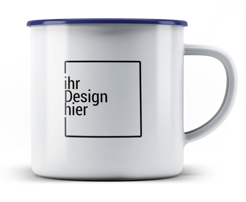 Emaille-Tasse rand blau mit Logo-Druck