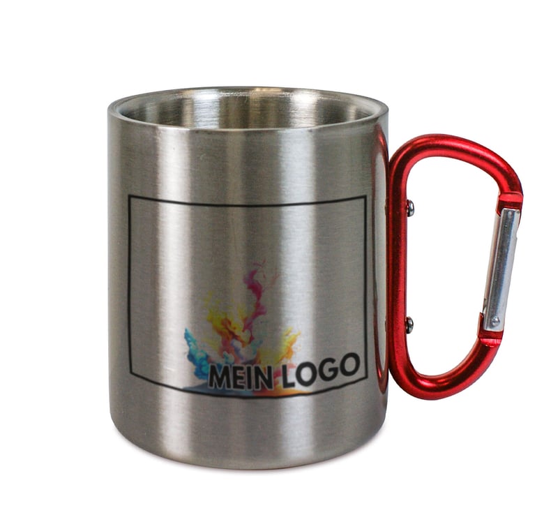 Edelstahltasse mit Karabiner bedrucken - Werbetasse mit Logo bedrucken lassen