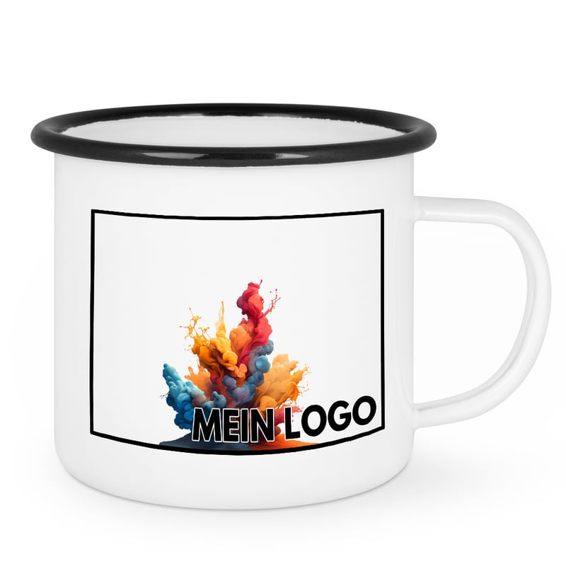 Emailletasse Rand schwarz bedrucken - Werbetasse mit Logo bedrucken lassen