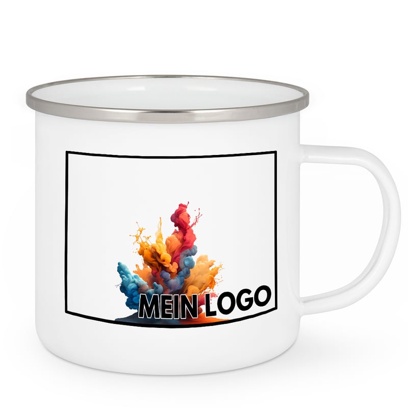 Emailletasse Rand silber bedrucken - Werbetasse mit Logo bedrucken lassen