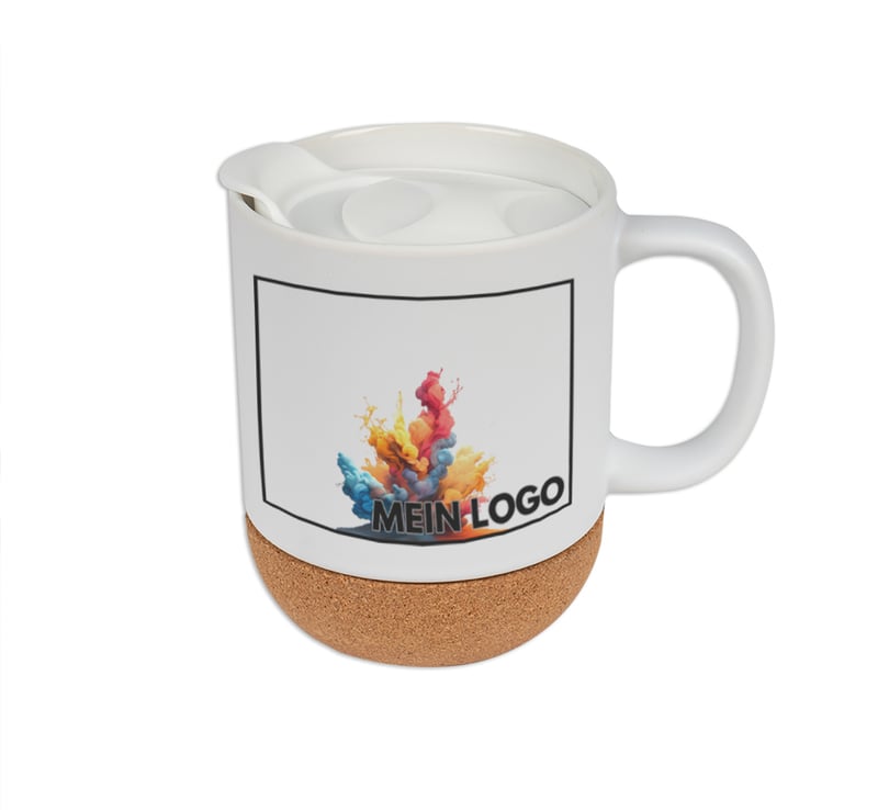 Tasse BEN mit Korksockel bedrucken - Werbetasse mit Logo bedrucken lassen